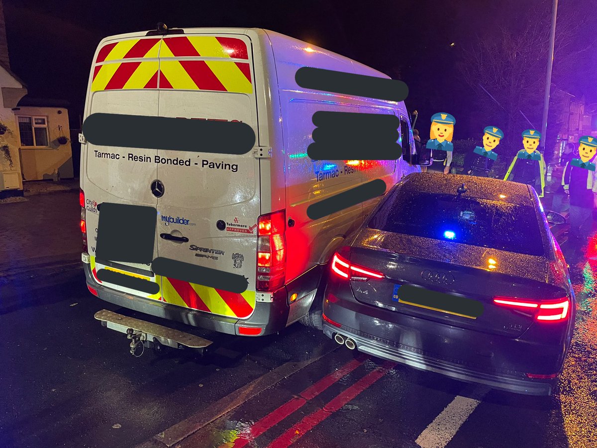 SurreyRoadCops's tweet photo. This van was stolen last night.
Our colleagues from @metpoliceuk pursued it into Surrey where we joined.

It was stung by our Armed Response colleagues, but the driver still refused to stop and hit two police cars...so we forced it to stop.

The driver was also drunk and… https://t.co/qUtTGmFFp1