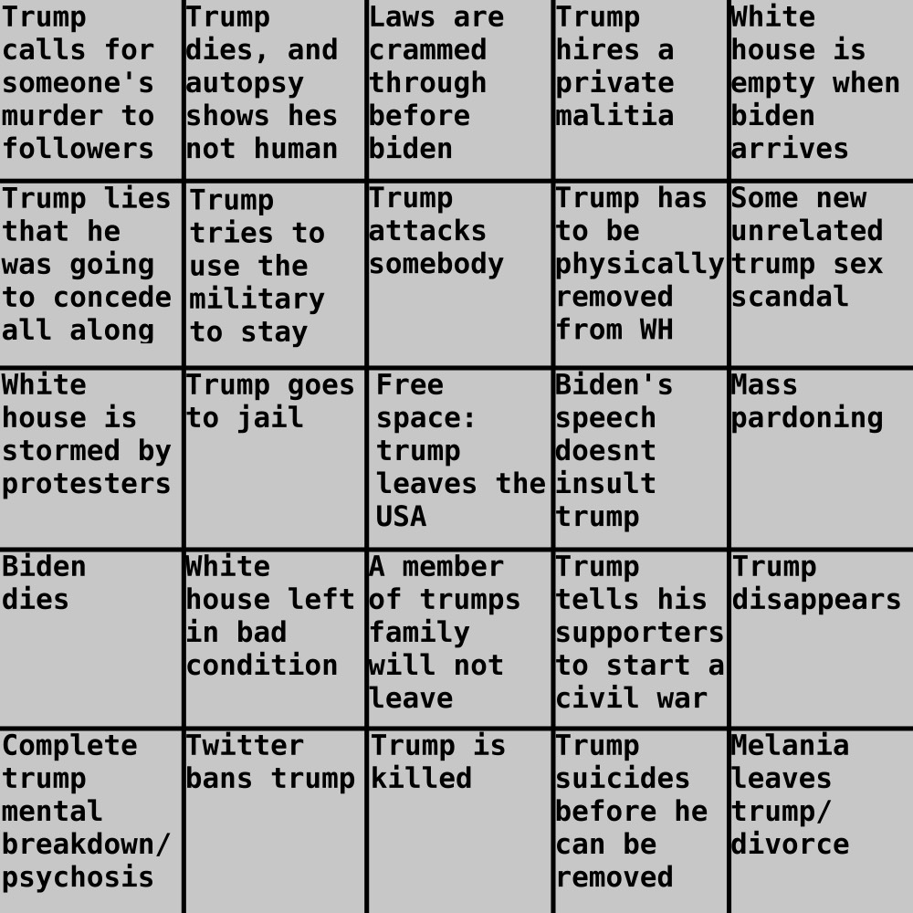 celeths's tweet photo. 2021 USA Presidential Transition of Power bingo card :) https://t.co/A4HeyGbnuC