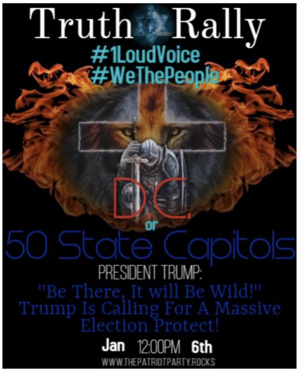 @RealMattCouch @villarre11 IF YOU CANT MAKE IT TO
WASHINGTON DC

THEN MARCH ON YOUR STATE CAPITAL THE SAME DAY

6 JANUARY 2021

ALL 50 STATE CAPITALS!!!

#MillionMAGAMarch 
#1LoudVoice
#WeThePeople
#FightForTrump
#FightForAmerica
#FightLikeAFlynn 
#StopTheSteaI