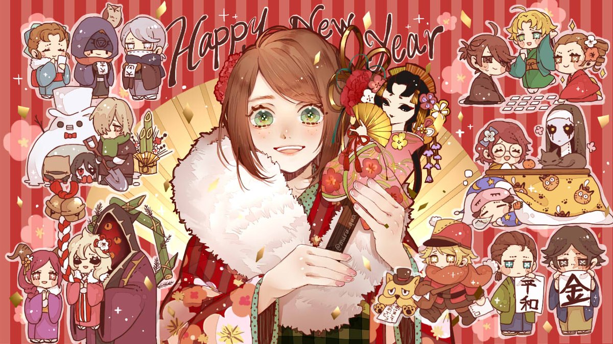 multiple girls new year japanese clothes brown hair kimono mask multiple boys  illustration images