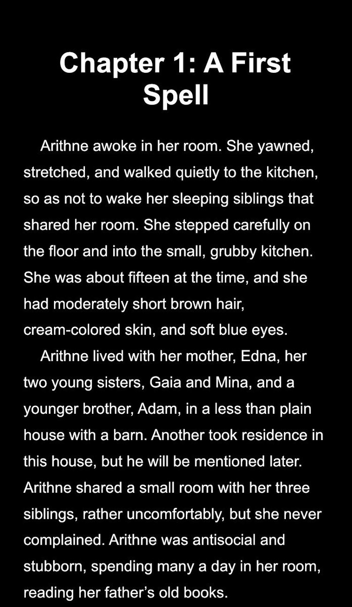 Chapter 1 begins with baby-me showing my hand. The main character with a very made up first name definitely bears no resemblance to myself at the time. And the other main character, who “will be mentioned later”, definitely bears no resemblance to any other fictional character.