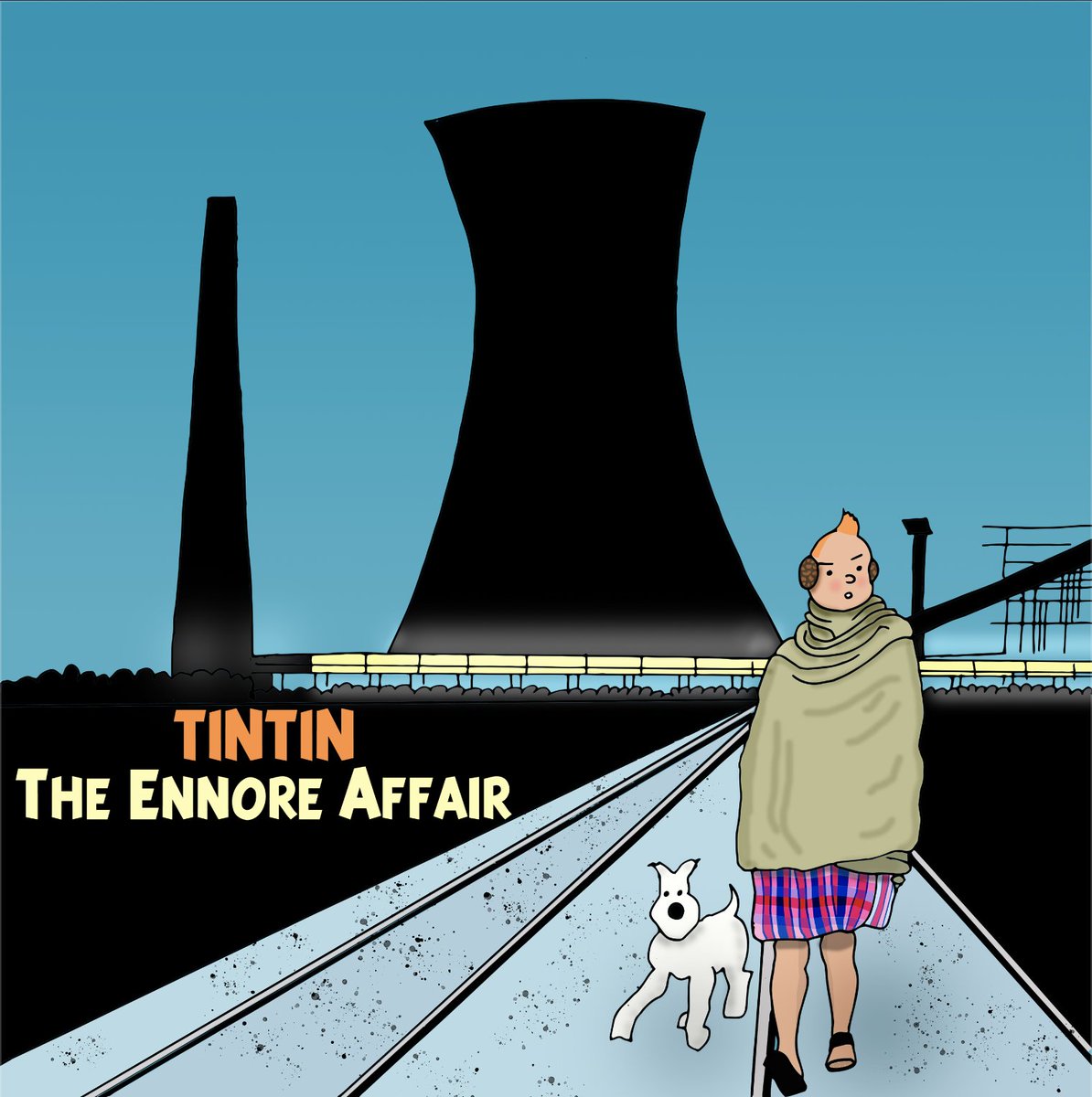And then I decided to do a Chennai themed Tintin illustration, so I first roughly sketched the broad details I wanted - the old Ennore thermal power station silhouette, Tintin wearing a shawl and earmuffs etc.