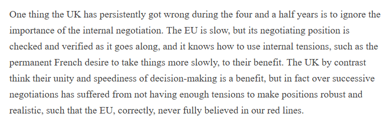 What were UK government priorities in the negotiation? We claimed it was fish and sovereignty, and that without these we would walk away. It turned out these weren't the highest priorities, because of a repeated error of ignoring the internal negotiation.