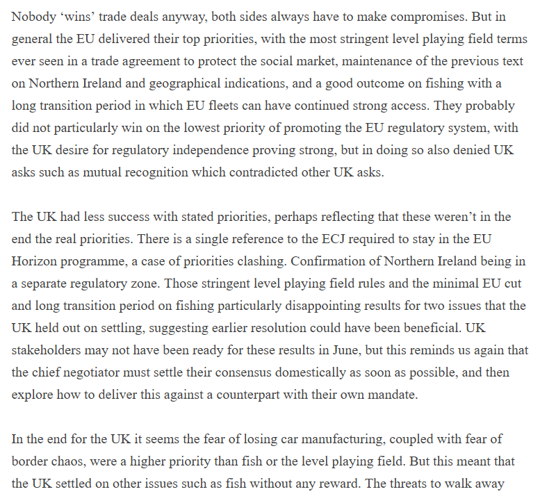 This is the heart of the content of the deal in terms of winners and losers. In the end the UK prioritised the deal, and zero tariffs, over fish or the absence of level playing field conditions.