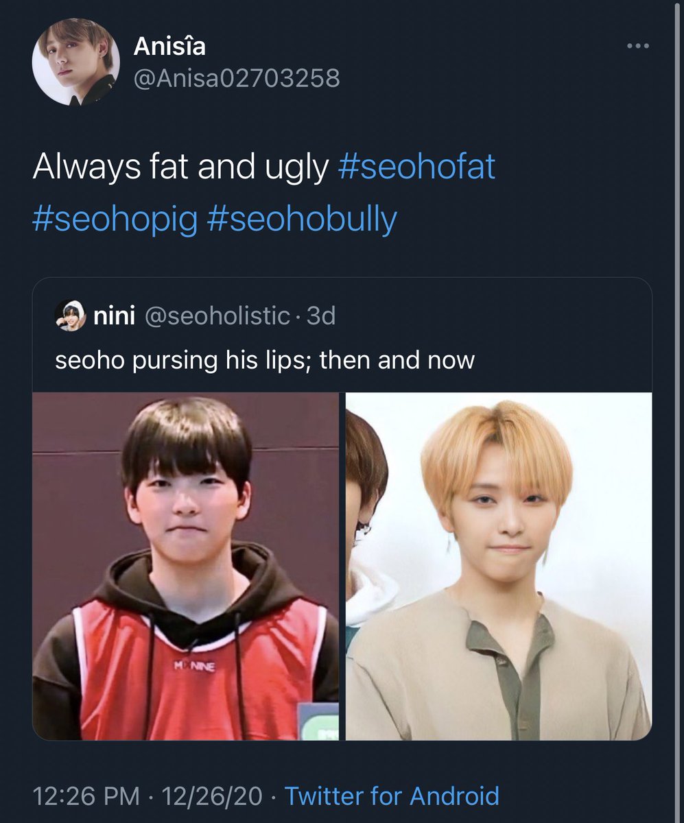 SeohoLovesYou's tweet image. TW // fatshaming ; bullying 
Please report this new account! They are fatshaming idols from different groups, especially Se0h0. They are obviously a troll account so please just report and block