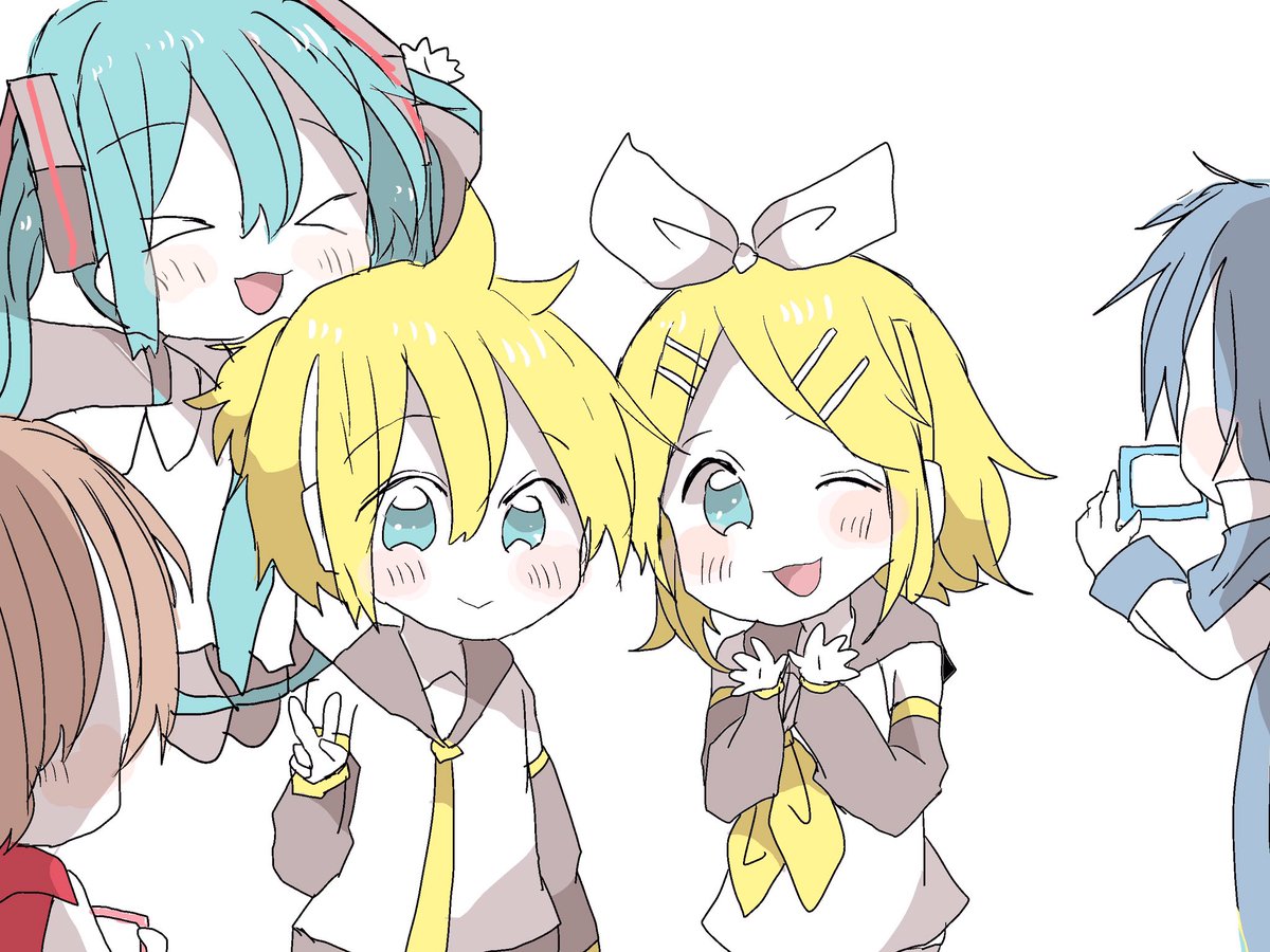 hatsune miku ,kagamine len ,kagamine rin ,megurine luka ,meiko (vocaloid) multiple girls blonde hair aqua hair twintails hair ornament necktie closed eyes  illustration images