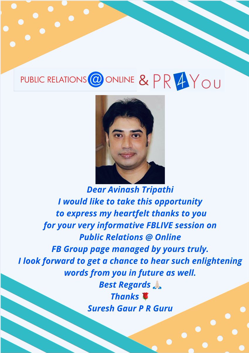 sureshgaur56's tweet photo. Thank you Avinash Tripathi for your very informative talk about “Art of lyrics writing for films”🙏🏼💐
@avinash_swaroop 

#PRisPyaar
#PRkiPathshala
#FBLive #Series #Facebook #FBGroup #PR #PublicRelations https://t.co/ACe9t937dK