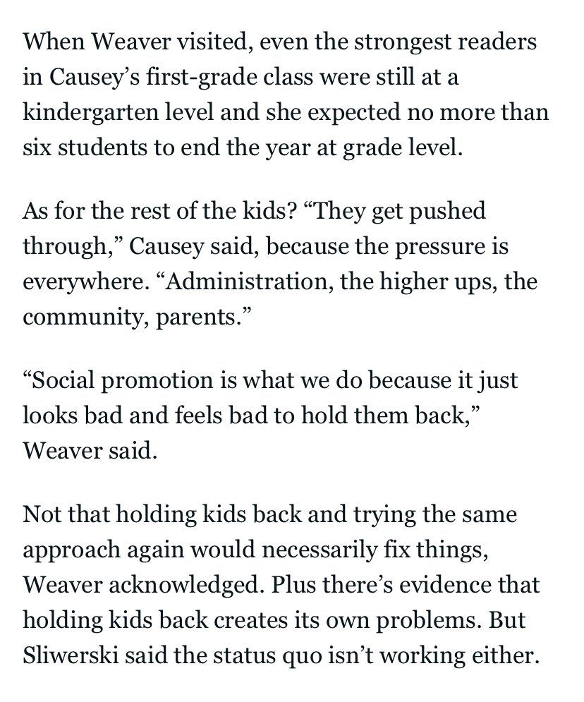 A segment we all need to reread 3x:“When  @KJWinEducation visited, even the strongest readers in Causey’s first-grade class were still at a K level and she expected no more than six students to end the year at grade level...”They’re talking about the school’s work with  #tcrwp.