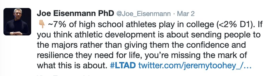 This idea of developing physical literacy and general athleticism in youth instead of the highly competitive and specialized environment of youth sports that leads to chasing the college scholarship also relates to the following 3 tweets: