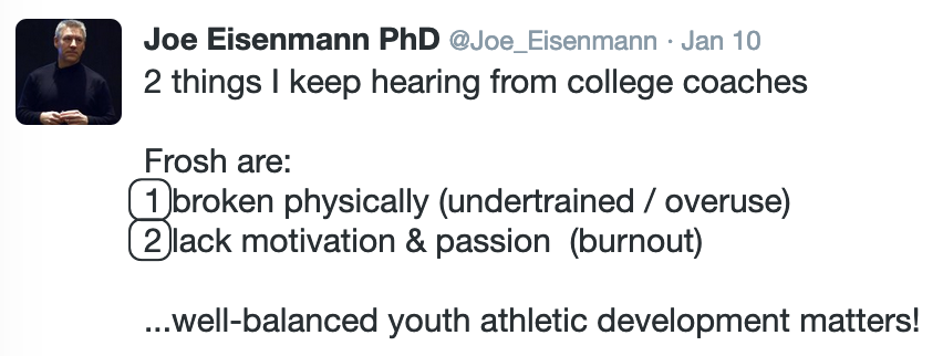 This idea of developing physical literacy and general athleticism in youth instead of the highly competitive and specialized environment of youth sports that leads to chasing the college scholarship also relates to the following 3 tweets: