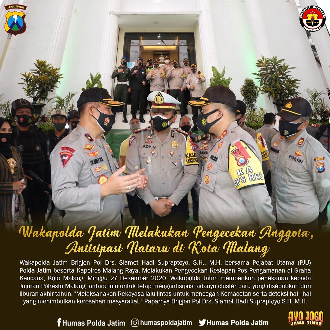 PolsekKandat's tweet photo. Wakpolda Jatim melakukan pengecekan Anggota Antisipasi Nataru di Kota Malang
#polriprometer #polriuntukindonesia #jogojawatimurbersamapoldajatim https://t.co/quY8WHxpXm
