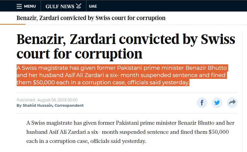 on how prominent was in the Int Media thanks to Benazir Bhutto efforts, won't share a single reference from Pakistan. In 2003, Benazir & Zardari were convicted by a Swiss court in money-laundering, were given a six- month suspended sentence & fine of $50,000.(Gulf News)(2/9)