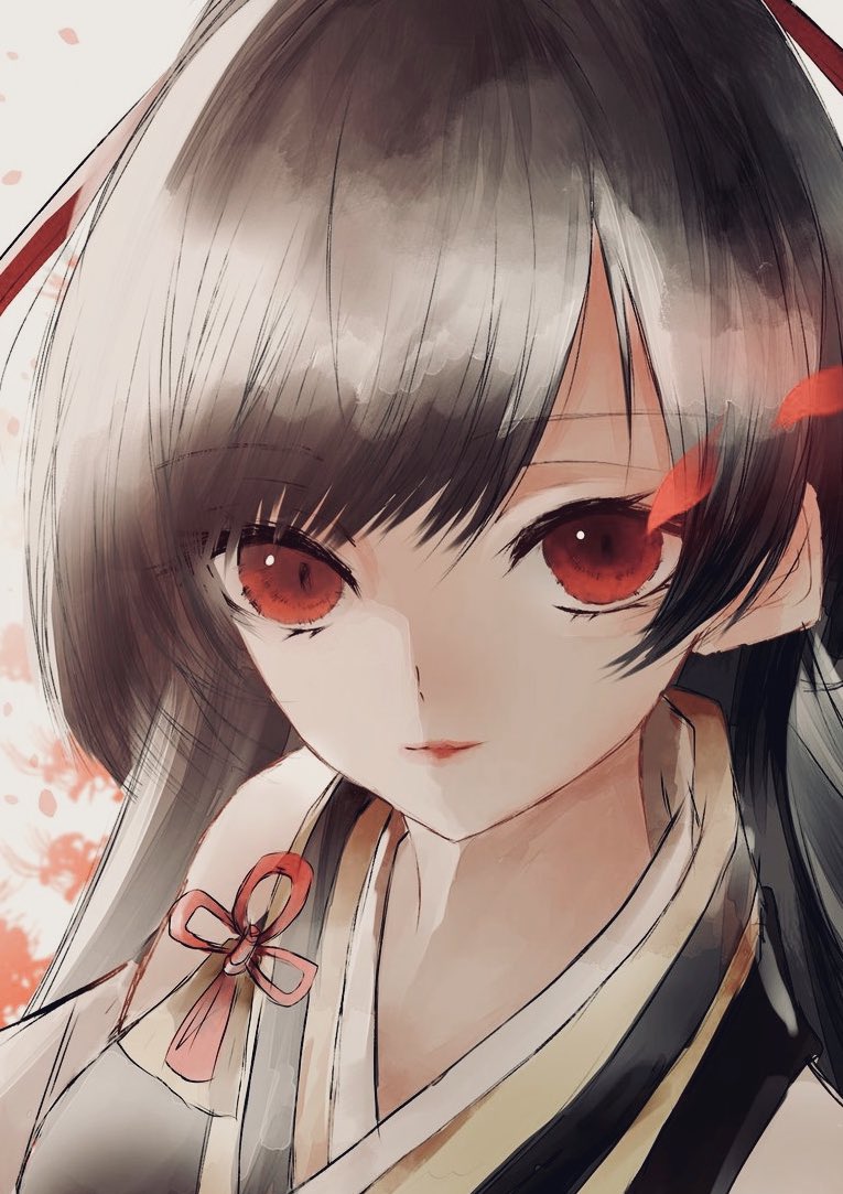 solo red eyes black hair long hair japanese clothes 1girl looking at viewer  illustration images