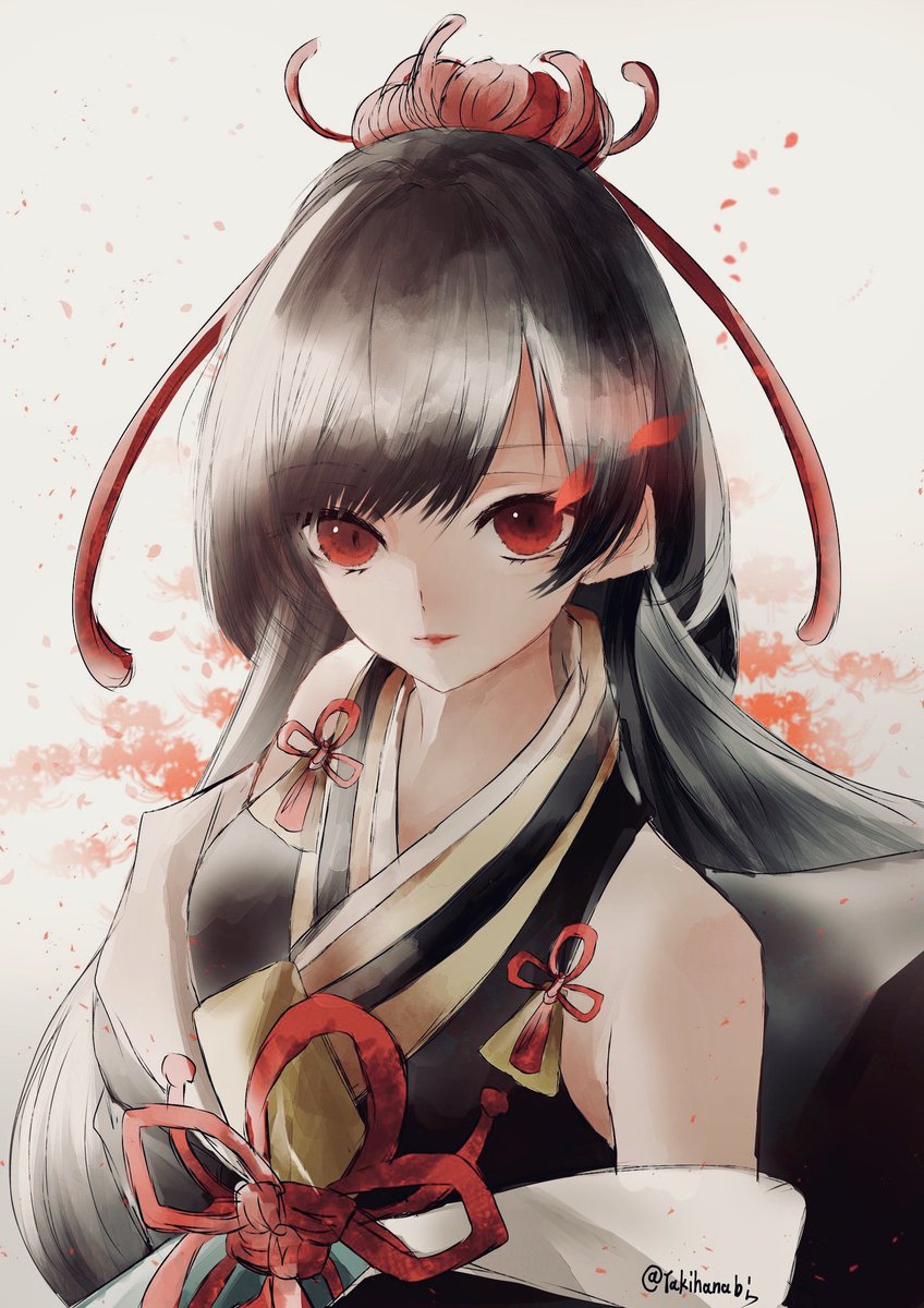 solo red eyes black hair long hair japanese clothes 1girl looking at viewer  illustration images
