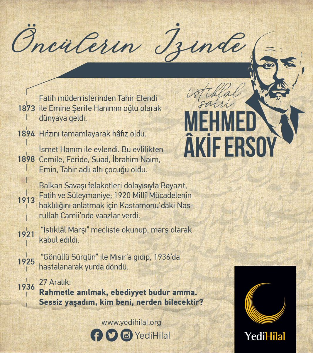 İstiklâl şairimiz Mehmed Âkif Ersoy'u vefâtının 84. yıl dönümünde râhmetle yâd ediyoruz. 

"Toprakta gezen gölgeme toprak çekilince,
Günler şu heyûlâyı da er, geç silecektir.
Rahmetle anılmak, ebediyyet budur amma.
Sessiz yaşadım, kim beni, nerden bilecektir?"
#MehmetAkifErsoy
