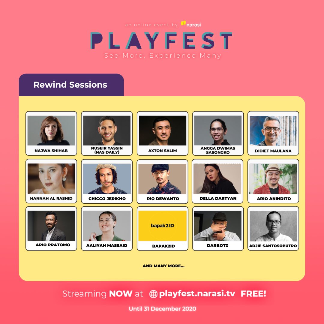 playfestnarasi's tweet image. Semua sesi Conference, Talkshow, Workshop, dan Networking Lounge di Ideas Area serta Creator on the Ground di Entertainment Area udah BISA KAMU TONTON (lagi) SEKARANG di web playfest.narasi.tv. GRATIS! Cuma sampai 31 Desember 2020.

#Playfest2020 #MoreVirtualExperience