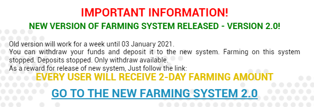 FinanceTift's tweet photo. ** IMPORTANT INFORMATION! **
NEW VERSION OF FARMING SYSTEM RELEASED - VERSION 2.0!
Old version will work for a week until 03 January 2021.
You can withdraw your funds and deposit it to the new system.
EVERY USER WILL RECEIVE 2-DAY FARMING AMOUNT #tift $tift #cryptocurrency https://t.co/Ts0TByKQ8u