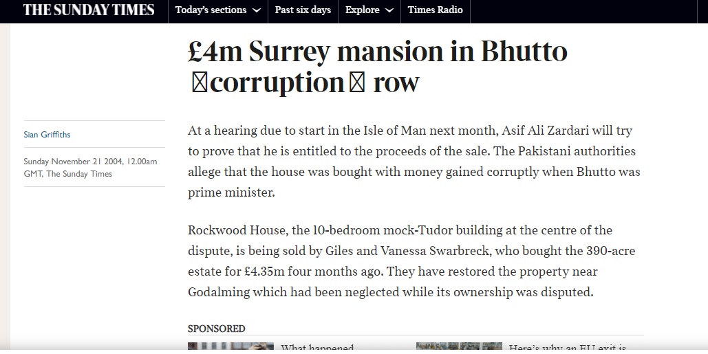 In 1996, Zardari purchased a neo-Tudor mansion and estate (355-acre) worth $4 million in Surrey, UK (Sunday Times).For this outstanding performance for Ghareeb Awam, In 1996, Transparency International ranked Pakistan as the world’s second most corrupt country. (6/9)