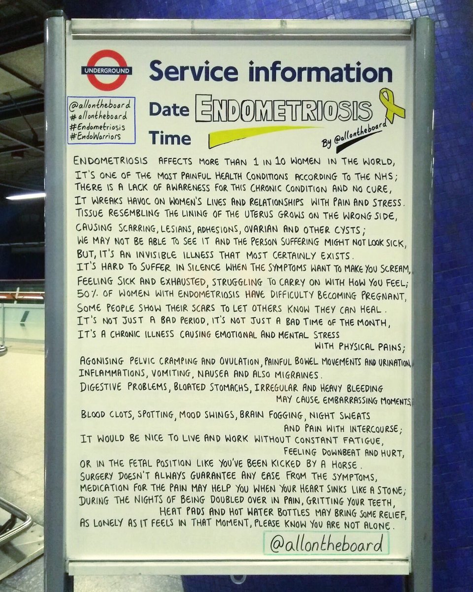 #Endometriosis is one of the most painful health conditions which affects more than 1 in 10 women in the world. More needs to be done for this chronic condition. 
<a href="/allontheboard/">All On The Board</a>

Poem from ‘All On The Board’ book amazon.co.uk/Tfl-Quote-of-t…