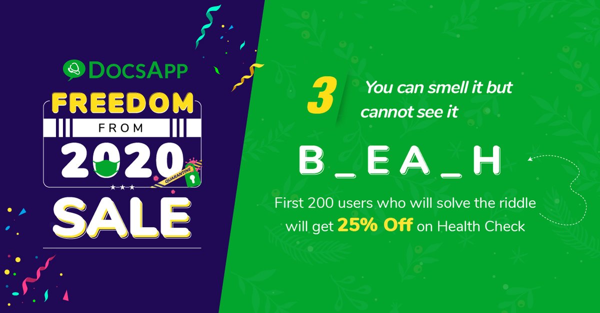 DocsApp_in's tweet image. #ContesAlert
Last but not the least. GUESS. APPLY. REPEAT. Keep playing and keep applying.
Unlock your special discount by guessing the coupon code below.
#MediBuddy #AapkaHealthBuddy #Contest