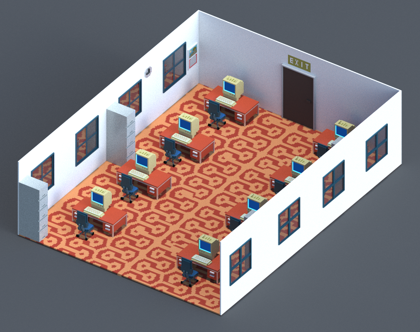 GameHologram's tweet photo. 80s open office space #isometric #gameart #voxel #voxelart #magicavoxel https://t.co/jesbyvO6Qv
