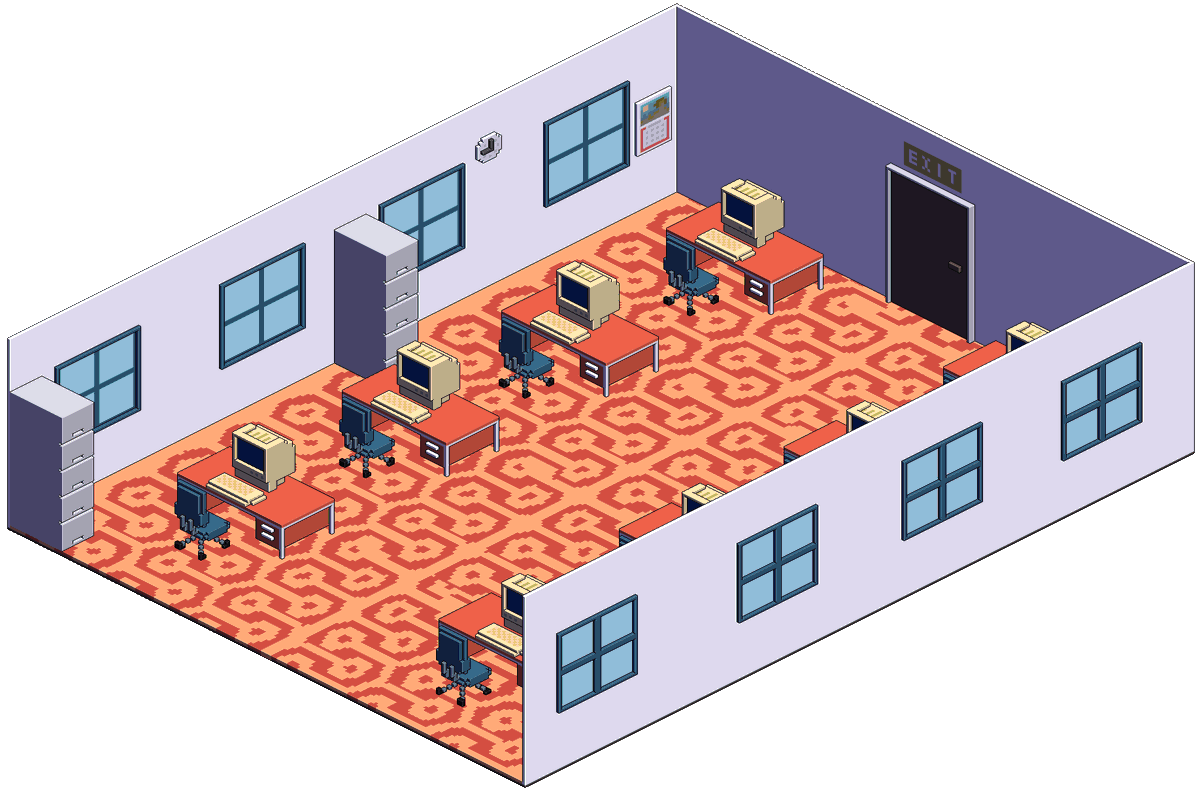 GameHologram's tweet photo. 80s open office space #isometric #gameart #voxel #voxelart #magicavoxel https://t.co/jesbyvO6Qv