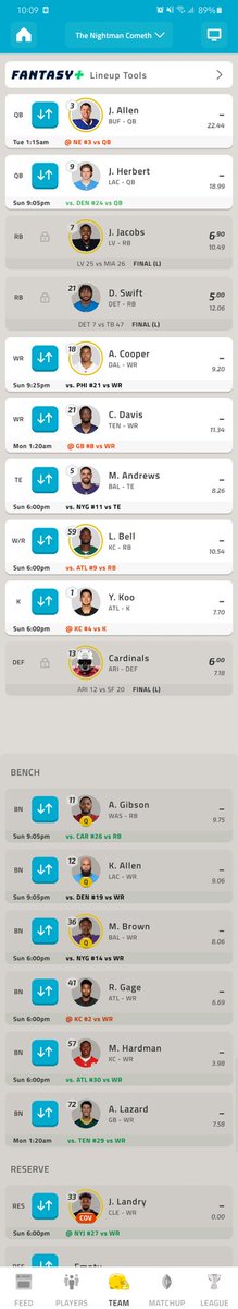 BryceNFLFantasy's tweet photo. Calling anyone that can help! Lineup is a mess after all the out announcements.  Playing against Kamara so need a boom night tonight! Any advice @FFHitman @TheFFBallers @andyholloway @NFLFantasy @MatthewBerryTMR @MikeClayNFL and anyone else that sees this! https://t.co/pFPx8igNZE