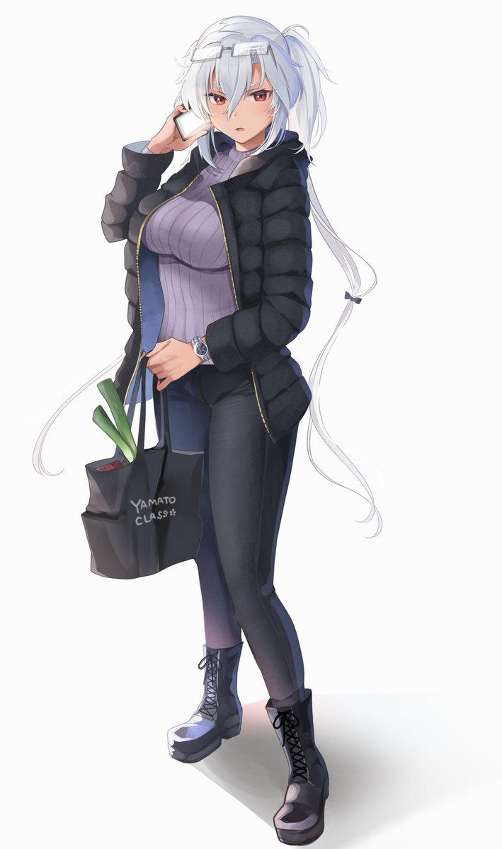 musashi (kancolle) ,musashi kai ni (kancolle) ,yamato (kancolle) eyewear on head phone dark skin long hair dark-skinned female cellphone closed eyes  illustration images