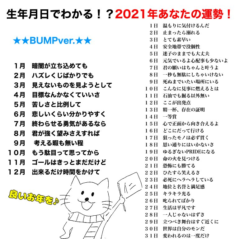 じん お休み中 21年新たな年をbump Of Chickenの歌詞で占ってみませんか 21年あなたの運勢バンプver T Co Fevbfzbgrh Twitter