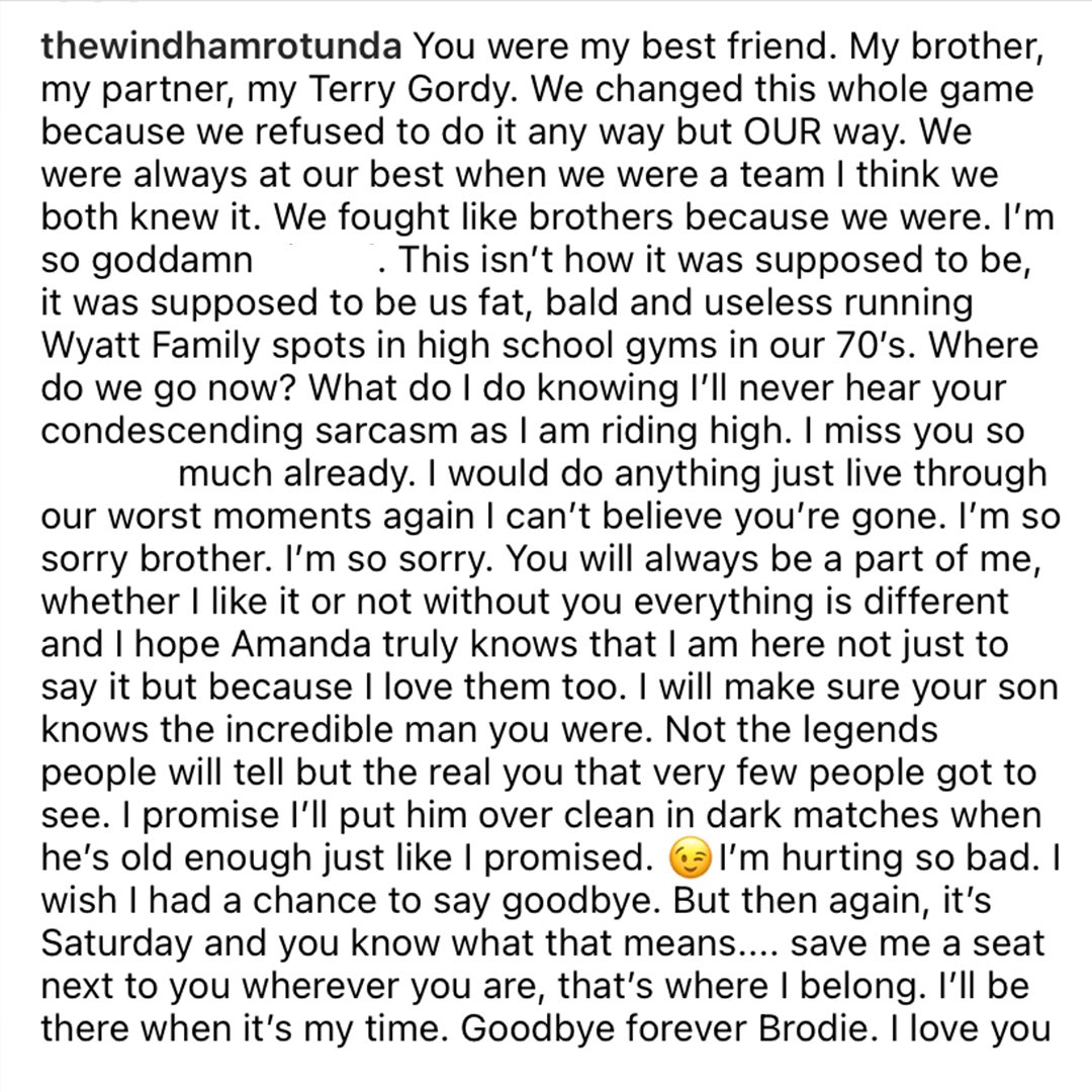 Bray Wyatt pays tribute to his adopted brother, Jon Huber/Luke Harper ❤️

This is beautiful, funny and tragic. 

A brilliant eulogy for a quite remarkable  man 🙏 

#RIPBrodieLee