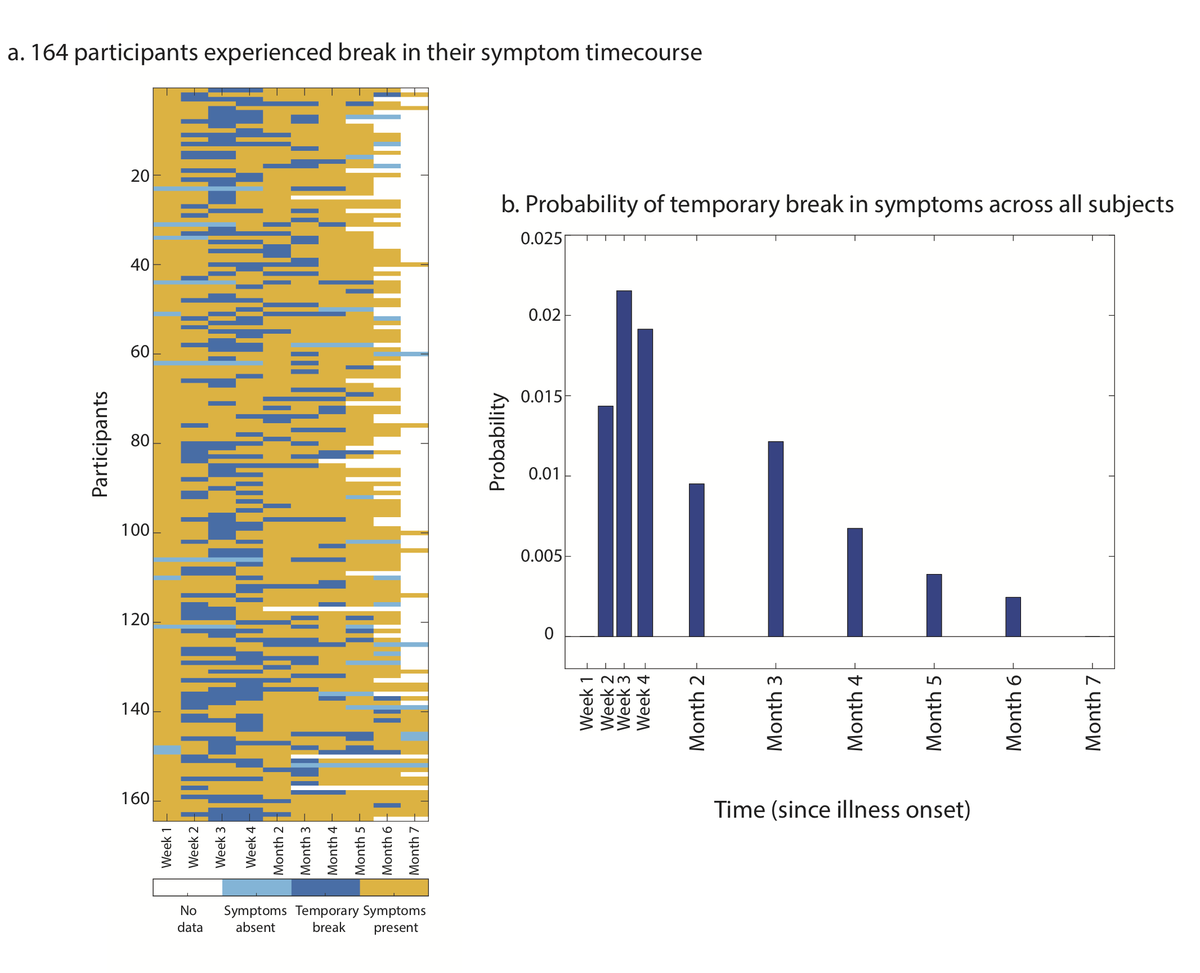 You may wonder, do patients usually have break in their symptoms? Only 164 out of 3762 participants (4.4%) experienced a temporary break in symptoms (to the precision of our study, which is week 1-4, then month 2-7) 20/