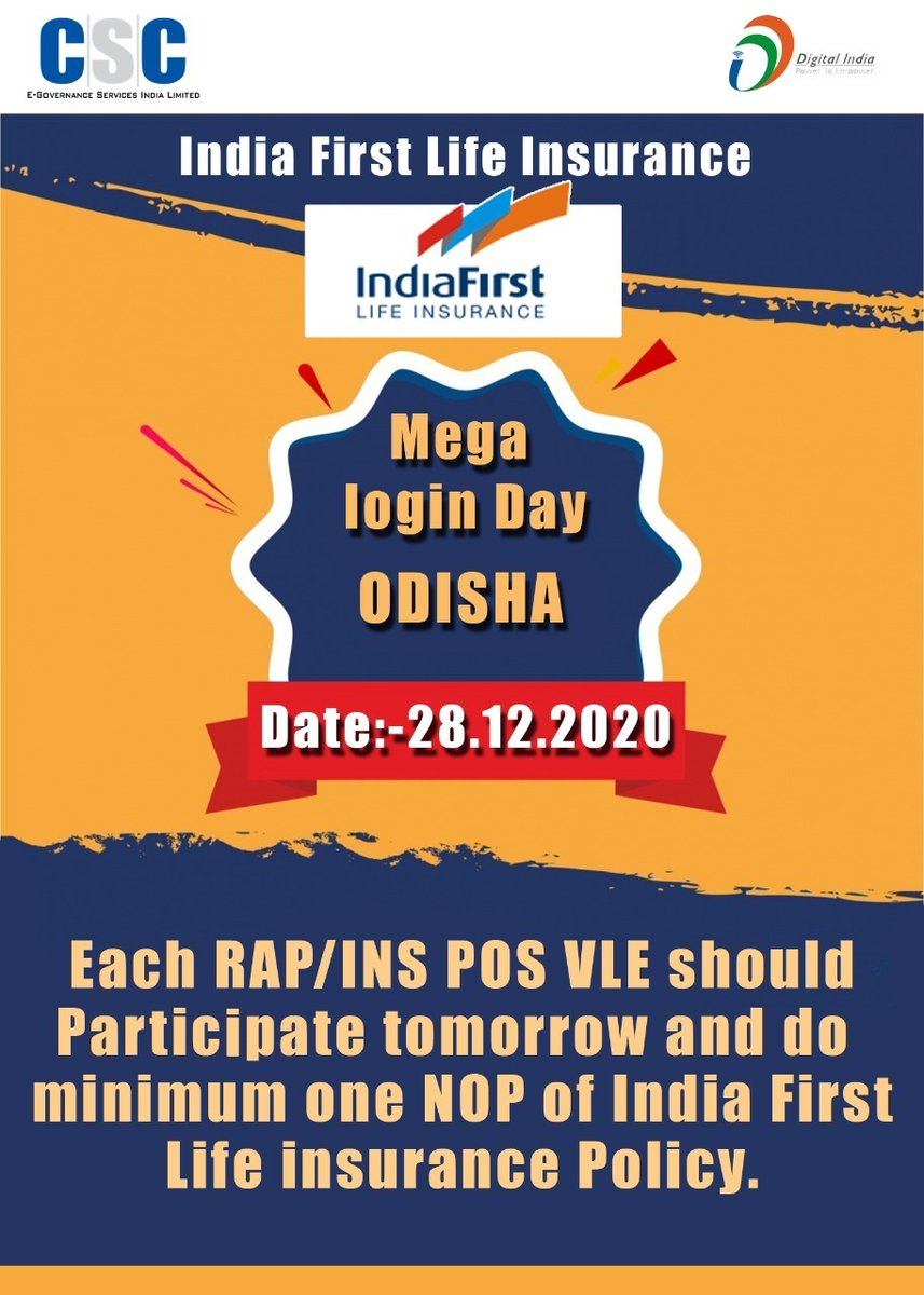 Each RAP/INS Pos VLE across Odisha must participate tomorrow IndiaFirst Life Insurance  Mega Login Day.

<a href="/CSCegov_/">CSCeGov</a>
<a href="/dintya15/">dinesh tyagi Retd IAS</a> <a href="/SwornaprabhaSi1/">Swornaprabha Singh</a>