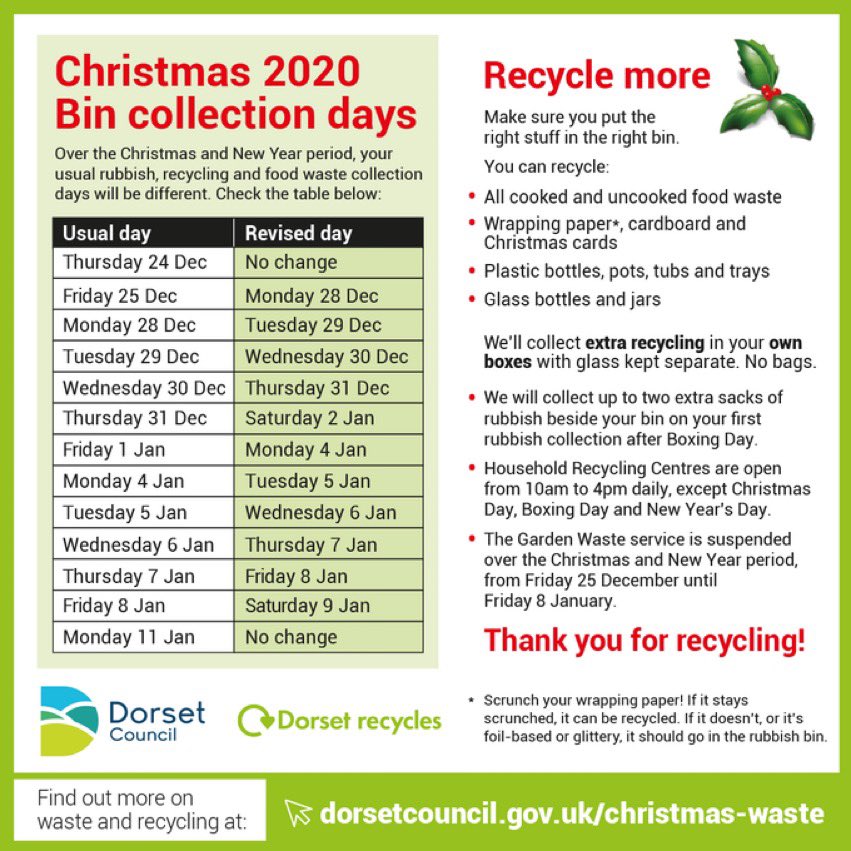 DorsetCouncilUK's tweet photo. Need to know when to put your bin out? Here’s the Christmas 2020 bin calendar 👇 https://t.co/XxvQ4hdDh2