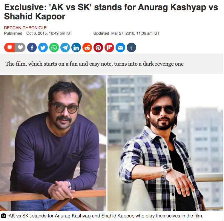 Originally the movie  #AKvsAK was called AKvsSK, with  @shahidkapoor playing the title role opposite  @shahidkapoor, where the original story had Anurag kidnapping Shahid Kapoor’s wife Mira Rajput as bait to get him to say ‘yes’ to a film project. Magar afsos, dates ke kaaran..