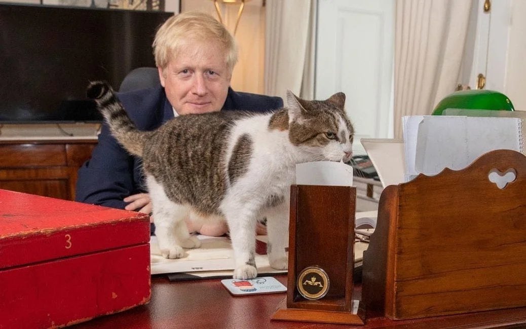 But it’s not just Theresa’s bottom & Blair and Boris feet that have adorned that desk. I’ve found a photo of Larry the cat, the Chief Mouser, actually walking over it.