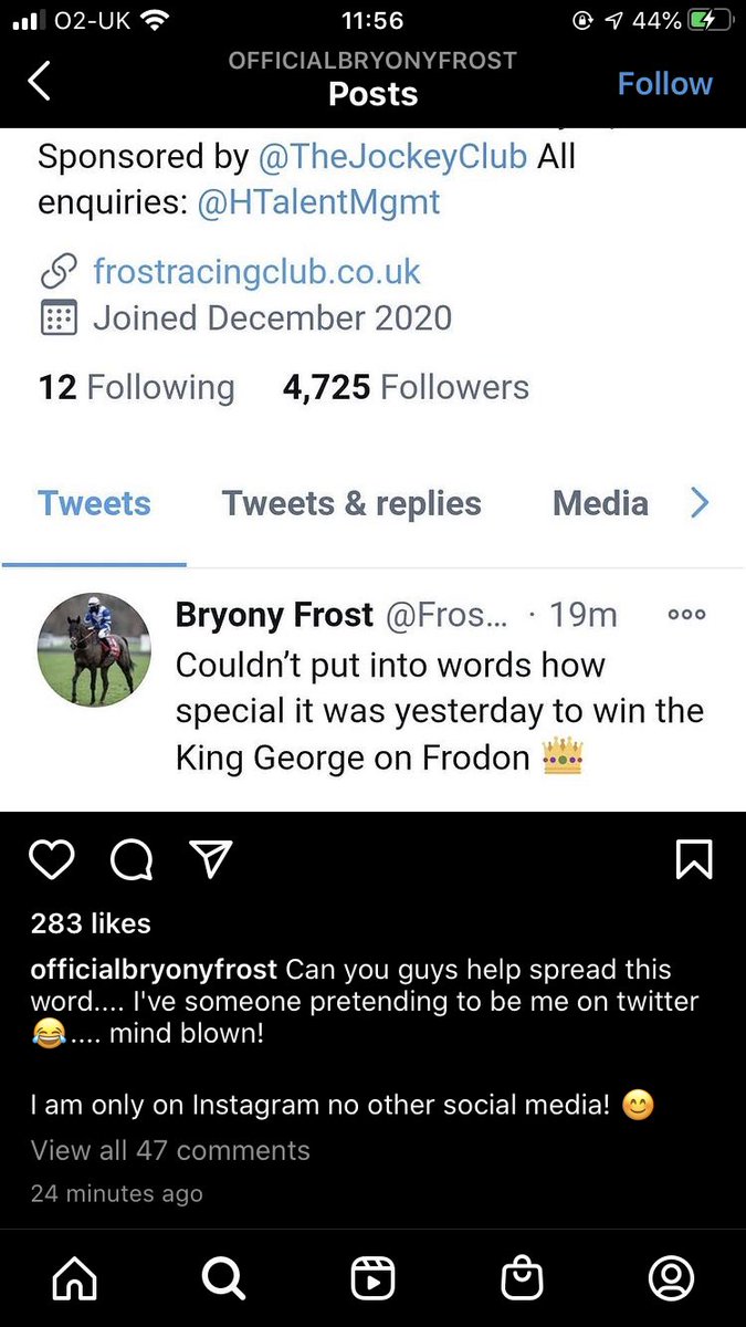 A twist! @FrostBryony is a fake account! I remain the only real Bryony Frost 😭