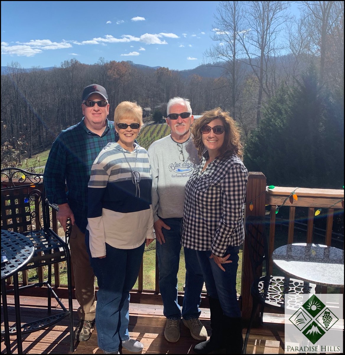 The view from our back deck is so beautiful it is the perfect place for a photo op. Drop up a like below if you love enjoying your wine on the back deck. #paradisehillsfun #paradisehillsstrong #paradisehillsmemories #wine #wineries #northgeorgiawineries #opengeorgiawine