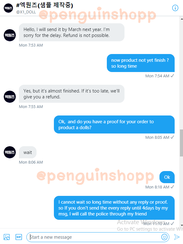 Penguinshopp's tweet photo. สวัสดีค่ะทุกคนวันนี้น้องกวิ้นมาอัพเดทความคืบหน้าตุ๊กตา @.X1_DOLL เมื่อวันจันทร์ที่ผ่านมามาส dm แจ้งว่าจะจัดส่งตุ๊กตาภายในเดือนมีนาคมค่ะ มาสมาอัพเนื่องจากเราให้เพื่อนเกาติดต่อไปหาว่าให้มาอัพเดทไม่งั้นจะแจ้งความมาสเลยมาแจ้งจ้าและเค้าก็ขอหลักฐานการสั่งตกต.มาด้วย #ร้านน้องกวิ้นอัพเดท https://t.co/WGXgQ7BDJa