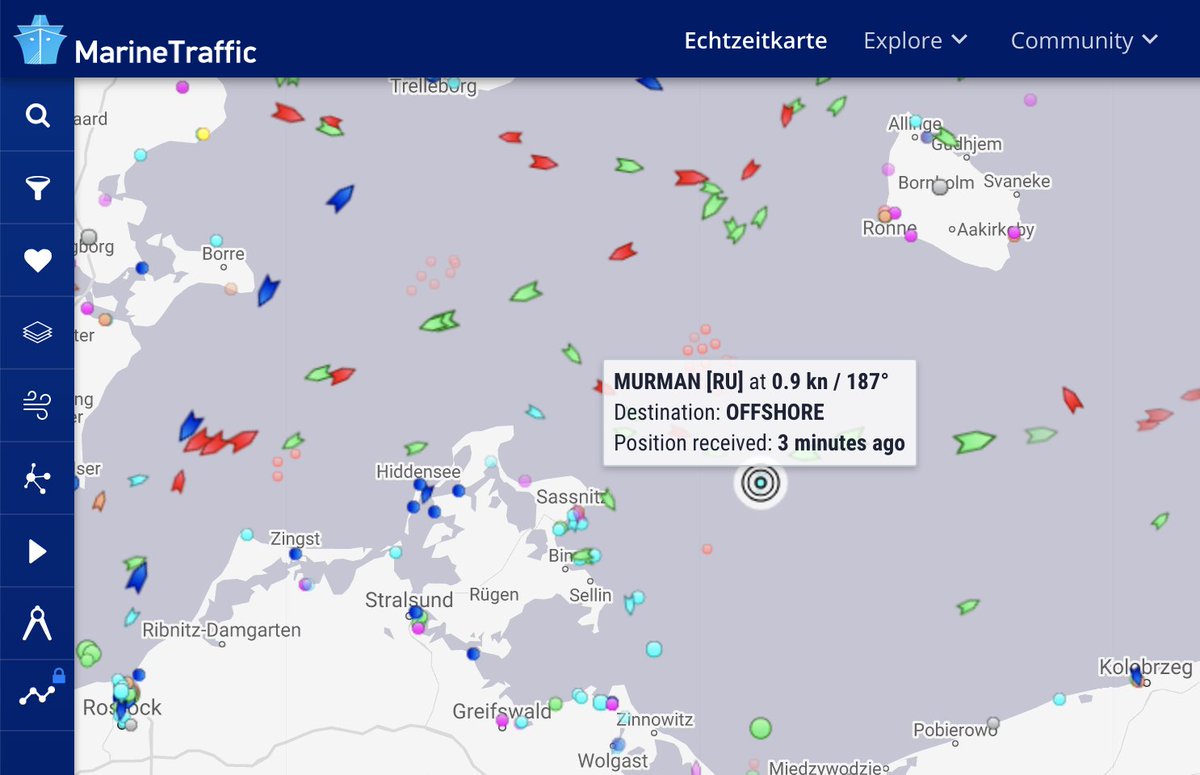 JulianRoepcke's tweet photo. Well, not entirely true.
The #Murman is still there, but doing nothing really...
According to my sources, the 13 days of (possible!) construction activity was obligatory as NS2 may not interrupt the work for more than one year and Allseas stopped on Dec 19 2019 due to sanctions. https://t.co/tZTeHQjnVO