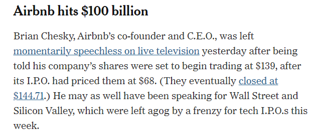 Let's take a look at the Airbnb IPO. UP OVER 100% ON IPO DAY!! That's amazing! Surely everyone should be celebrating. This is what success looks like right? Management must be popping champagne. No - this is a complete fuck up... read on