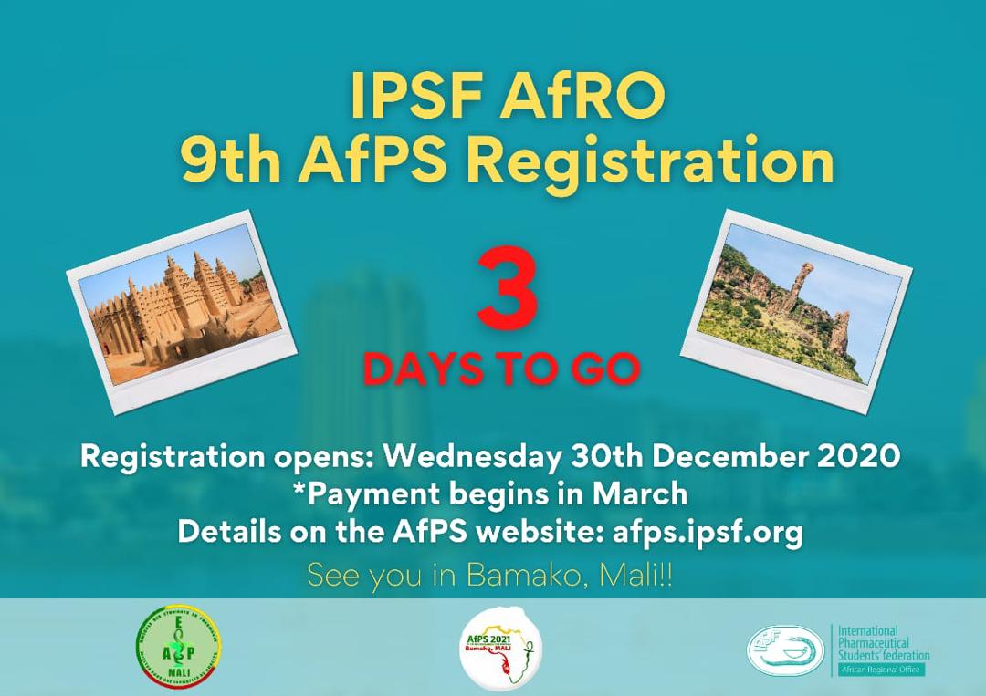 9th2021's tweet photo. [African Pharmaceutical Symposium (AfPS) 2021]

Hello IPSF AfRO Pharmily, 
The countdown to registration has begun! Only 3 days to go🤩🤩
See you in Bamako!!
_
#AfROAdventures
#MaliAfPS2021
#IPSFAfRO https://t.co/WHAWQGsKxF