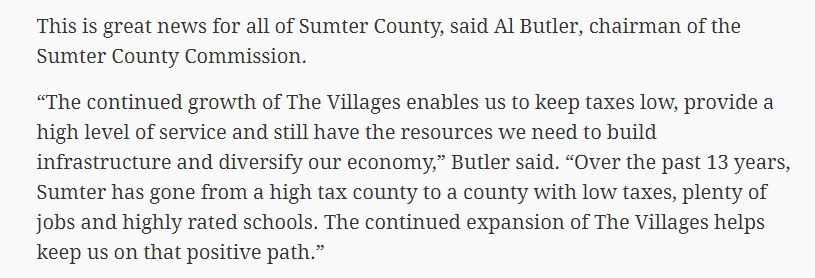 Age discrimination provides much of the political support necessary to ensure The Villages' continued growth. The jurisdictions in which it is located welcome its expansion precisely because its residents will contribute to the tax base without adding to school enrollment.  https://twitter.com/mtsw/status/1343040469236781058