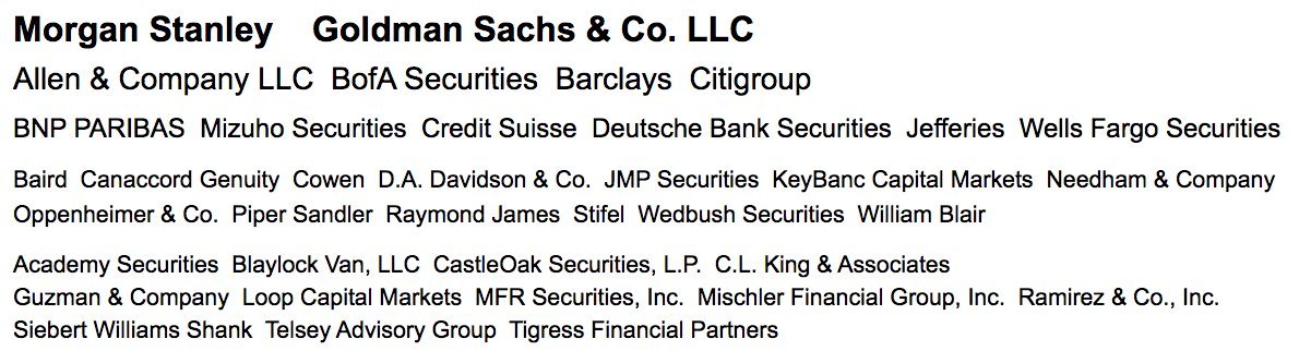 1. IPOs are underpricedInvestment banks are also underwriters. This means if they don't sell their blocks of stock they have to pick it up themselves.Wait, isn't that an incentive to underprice... sadly, yes Here's all the banks on the Airbnb IPO - literally everyone