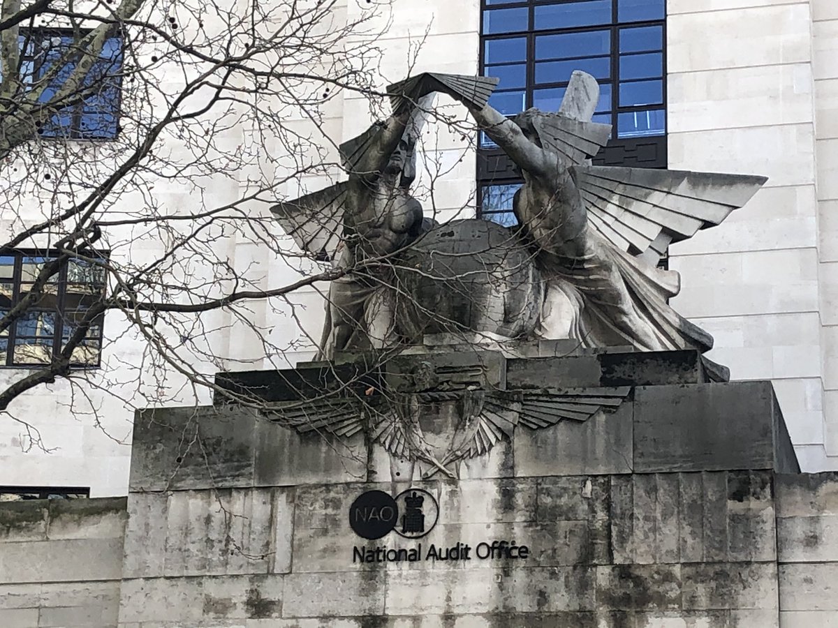 The national audit office building! look at those wingéd figures over the entrance auditing the world! (It’s actually a former check-in terminal and HQ for Imperial Airways) – bei  National Audit Office