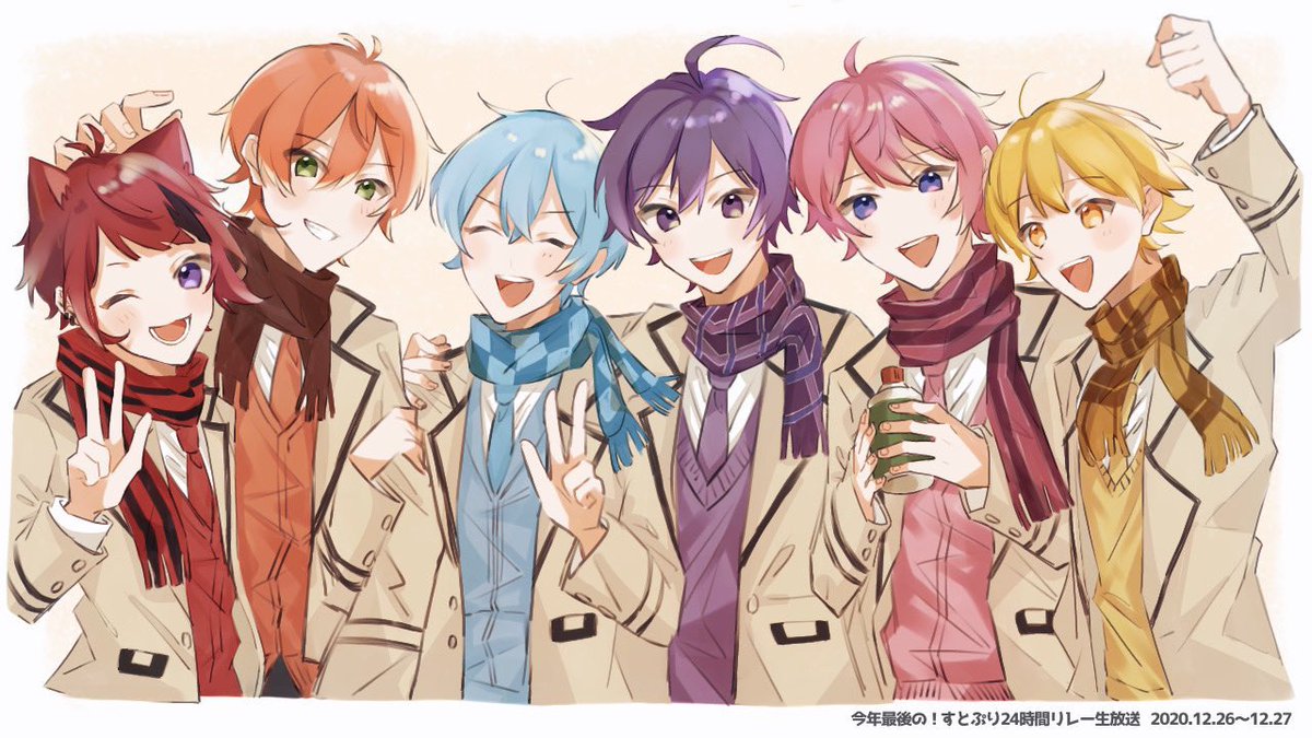 multiple boys purple eyes male focus blue hair red hair blonde hair scarf  illustration images