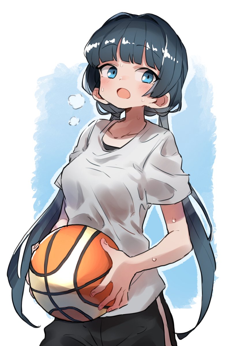 1girl basketball solo blue eyes twintails shirt holding ball  illustration images