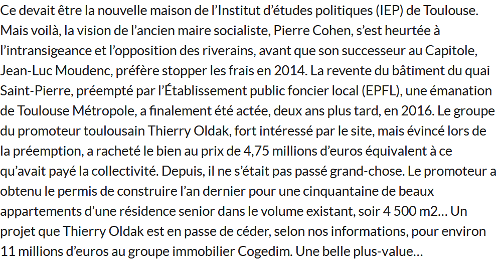 Un exemple : dans ma ville,  #Toulouse, un immeuble a récemment été revendu avec une plus-value de 6M euros après être resté vide pendant 8 ans. Une ville tendue où le nombre de logements vides a augmenté de 9 000 en 10 ans.