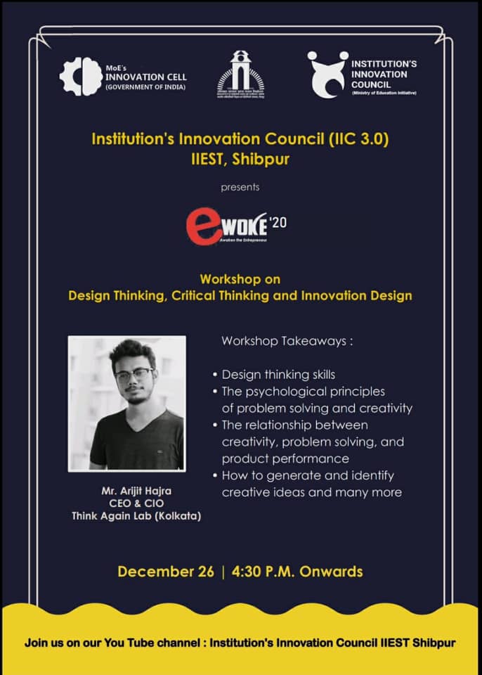 iiest_s's tweet photo. #E woke   Awakening Entrepeneurship within you:
at #IIESTS 26-27 Dec.  Workshops, ideation competition for entrepreneurship organised.   Exciting event for all undergraduates , conceptualised and organised by them and for them.
@mhrd_innovation @DrRPNishank @OfficeOfSDhotre https://t.co/BAQapUo76p