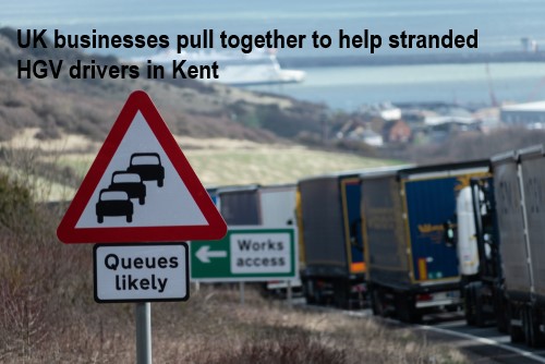 RHA, <a href="/Tesco/">Tesco</a> and <a href="/EddieStobartCom/">Eddie Stobart Official</a> get together to get food to stranded truckers in #Kent. @RHARichardB: “This is a great seasonal example of the industry pulling together to support its own driver community.” bit.ly/3rzgiBM