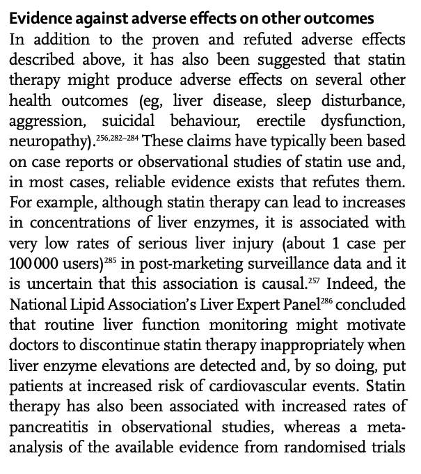 Statins may be associated with other effects like liver disease, sleep disturbance, aggression, suicidal behaviour, erectile dysfunction, neuropathy, but these are almost certainly small and will not alter the current risk-benefit from statins, even in low-risk patients.30/n